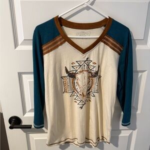 Teal and Cream Long Sleeve Top with Graphic Design